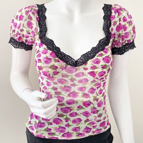 Urban Outfitters Kimchi Blue Blake Rose Floral Print Mesh Top w Black Lace Trim - Picture 2 of 9